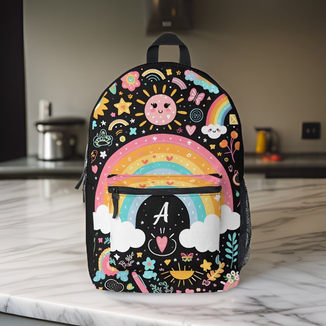 cute girls pretty monogram black school kids printed backpack (Creator Uploaded)