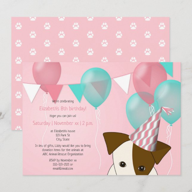 cute girls puppy birthday party pink teal balloons invitation (Front/Back)