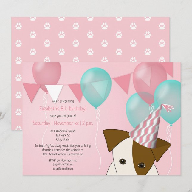 cute girls puppy birthday party pink teal balloons invitation (Front/Back)