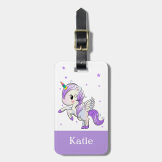 Cute Girls Purple Cartoon Unicorn Pegasus Luggage Tag
