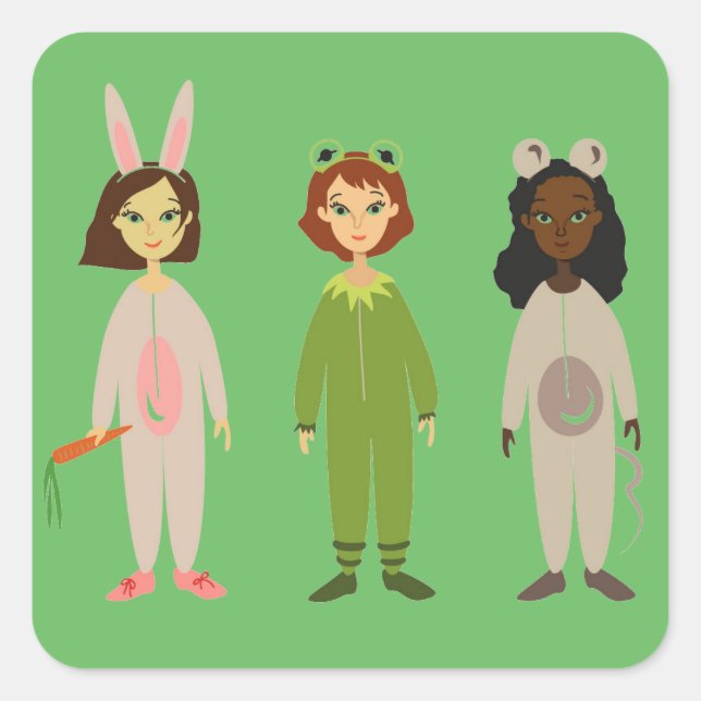 Cute girls pyjama friends theme square sticker (Front)