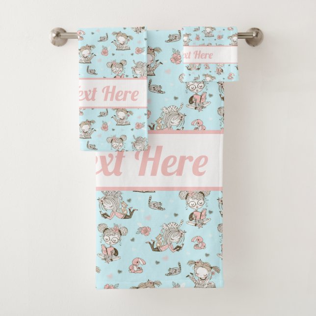 Cute Girls Reading Books Gift Ideas Bath Towel Set (Insitu)