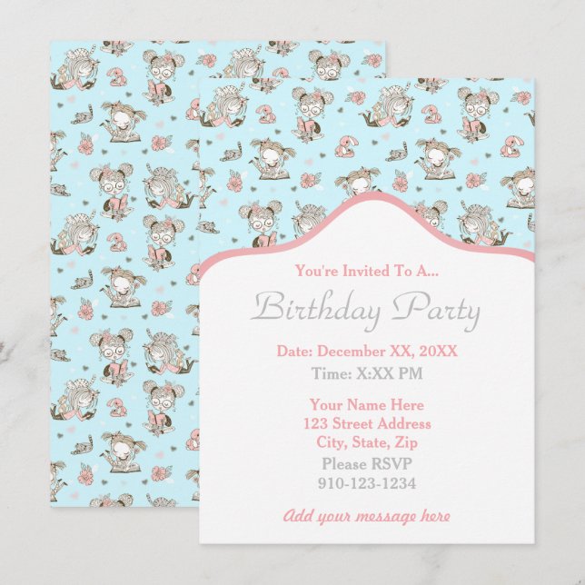 Cute Girls Reading Books Gift Ideas Invitation (Front/Back)