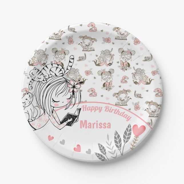 Cute Girls Reading Books Gift Ideas Paper Plate (Front)