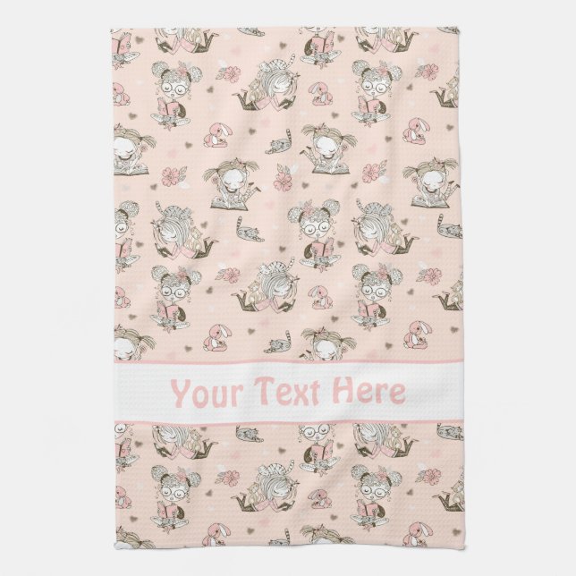 Cute Girls Reading Books Gift Ideas Tea Towel (Vertical)