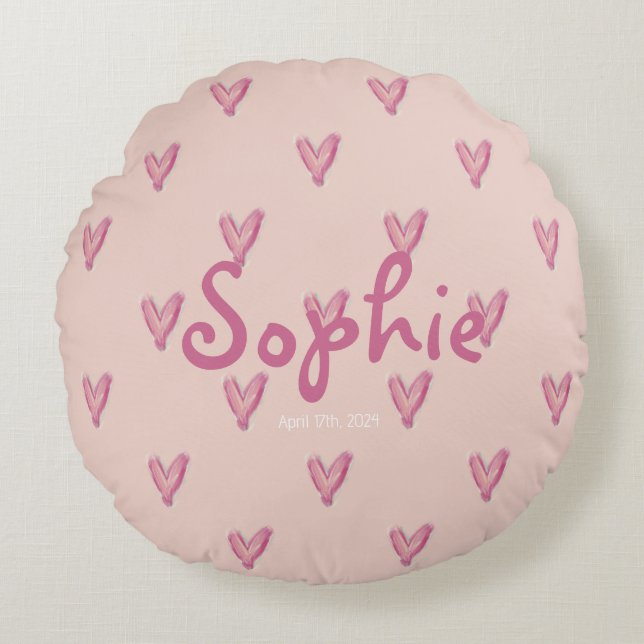 Cute Girls Room Nursery Pink Watercolor Heart Round Cushion (Front)