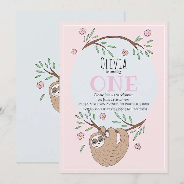 Cute Girls Sleeping Sloth Name 1st Birthday Invitation (Front/Back)