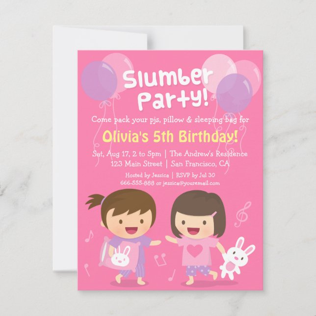 Cute Girls Sleepover Slumber Birthday Party Invitation (Front)