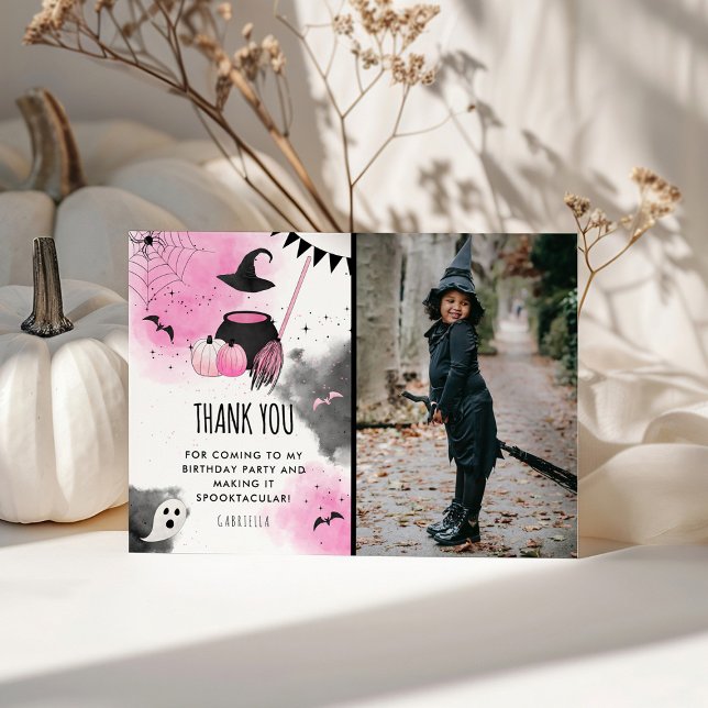 Cute Girls Spooktacular Halloween Birthday Photo Thank You Card (Creator Uploaded)
