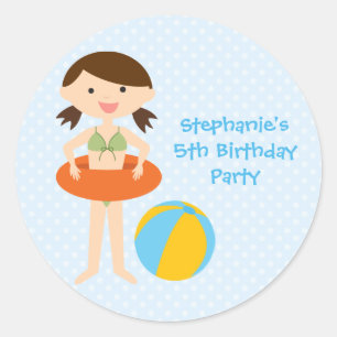 Cute girl's summer pool party birthday stickers