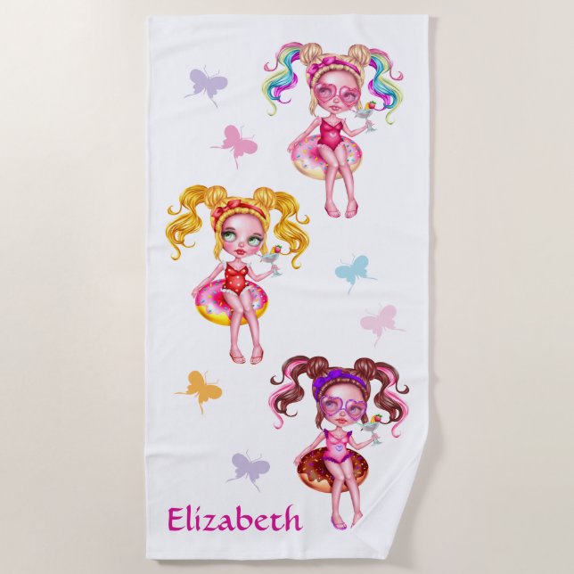Cute Girls Tubing With Butteries Personalised Beach Towel (Front)