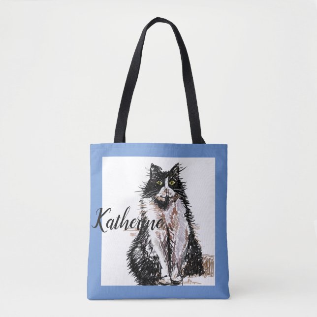 Cute Girls Tuxedo Cat Playing Pet Grocery Tote Bag (Front)