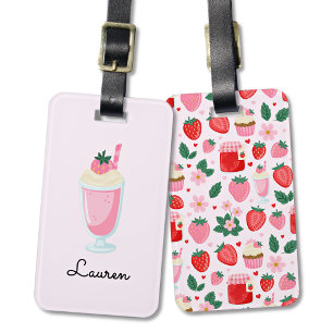 Cute Girl's Whimsical Strawberry Bliss & Name Kids Luggage Tag