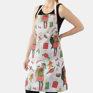 CUTE GIRLS WITH CHRISTMAS PRESENTS & FLOWERS APRON