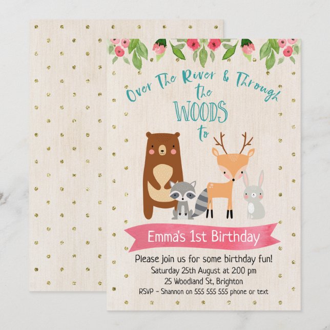 Cute Girls Woodland Animals Birthday Invitation (Front/Back)