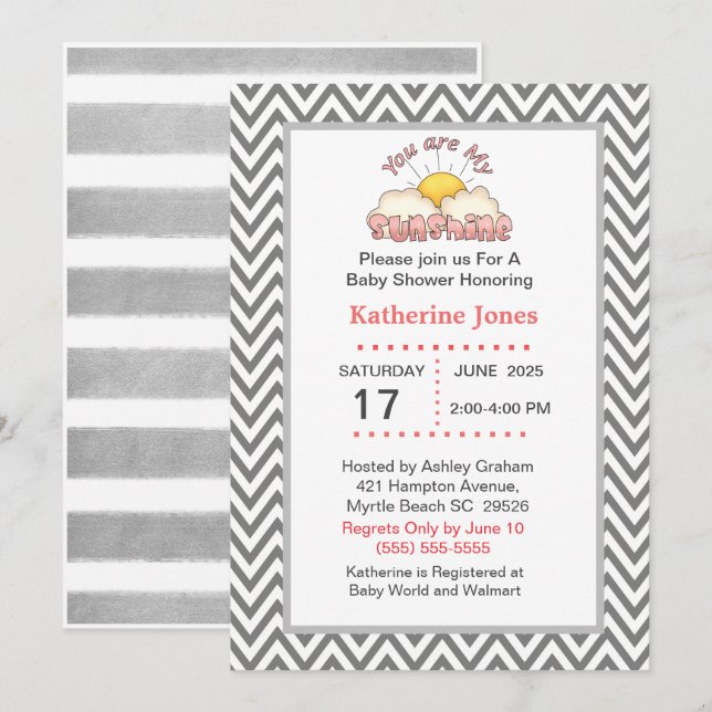 Cute Girls You Are My Sunshine Baby Shower Invitation (Front/Back)