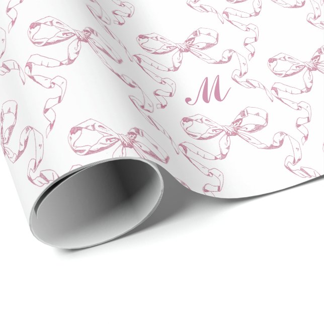 Cute Girly Aesthetic Pink Bow Pattern Monogram Wrapping Paper (Roll Corner)