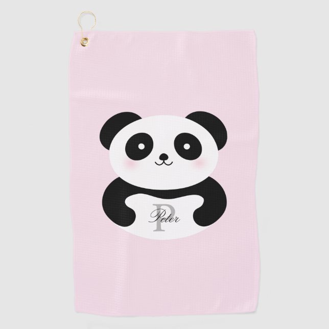 Cute Girly Baby Panda Bear Pink Monogram Golf Towel (Front)
