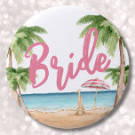 Cute Girly Bachelorette Party Bride 6 Cm Round Badge<br><div class="desc">Cute Beach Weekend Bachelorette Party Bride button. A cool watercolor beach theme with shades of pink and teal, setting the vibe for a beach escape with the bride and her besties. From trips to Florida, California, or even something more international like Mexico, Hawaii or The Bahamas, this girls weekend is...</div>