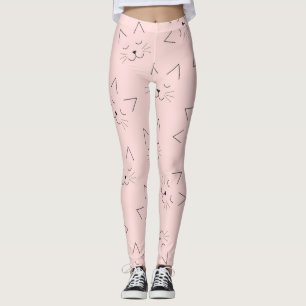 Cute Girly Black Kitty Cat Face Pink Pattern Leggings