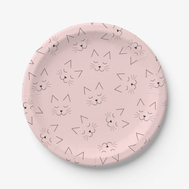 Cute Girly Black Kitty Cat Face Pink Pattern Paper Plate (Front)