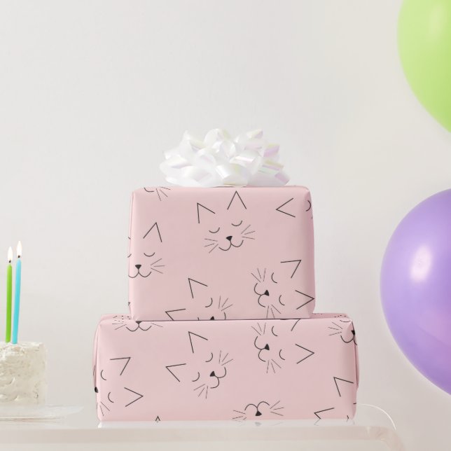 Cute Girly Black Kitty Cat Face Pink Pattern Wrapping Paper (Party Gifts)