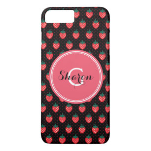 Cute girly black pink strawberry patterns monogram iPhone 8 plus/7 plus case