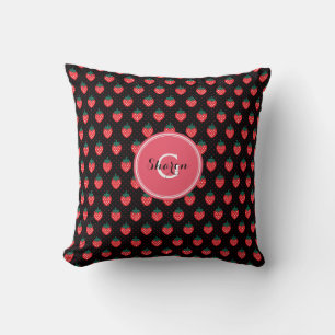 Cute girly black pink strawberry patterns monogram cushion