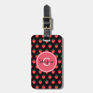 Cute girly black pink strawberry patterns monogram luggage tag