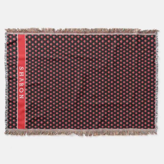 Cute girly black pink strawberry patterns monogram throw blanket (Front)
