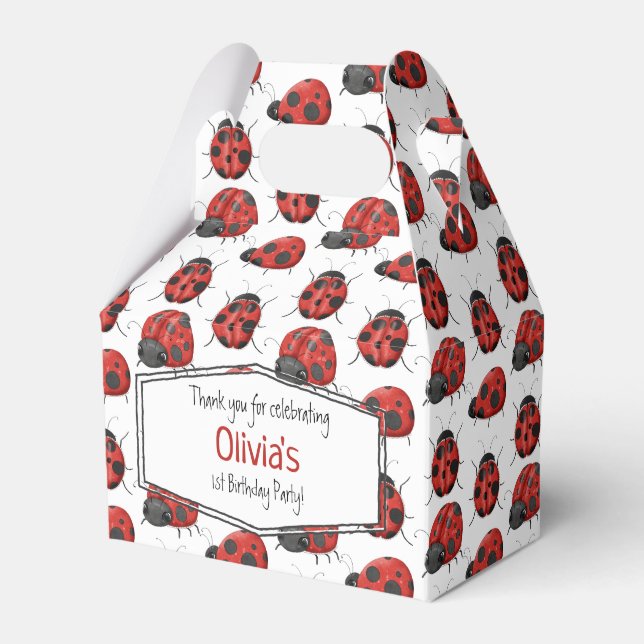 Cute Girly Black Red Watercolor Ladybug Pattern Favour Box (Front Side)