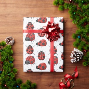 Cute Girly Black Red Watercolor Ladybug Pattern Wrapping Paper