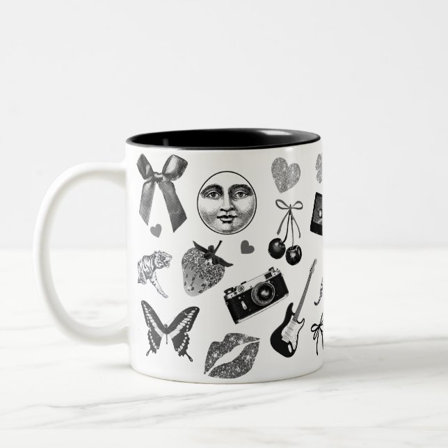 Cute Girly Black White Aesthetic Pattern Two-Tone Coffee Mug (Left)