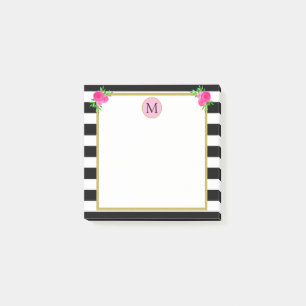 Cute Girly Black White Striped Floral Monogram Post-it Notes