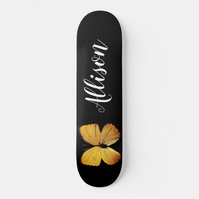 Cute Girly Black Yellow Butterfly Personalised Skateboard (Front)