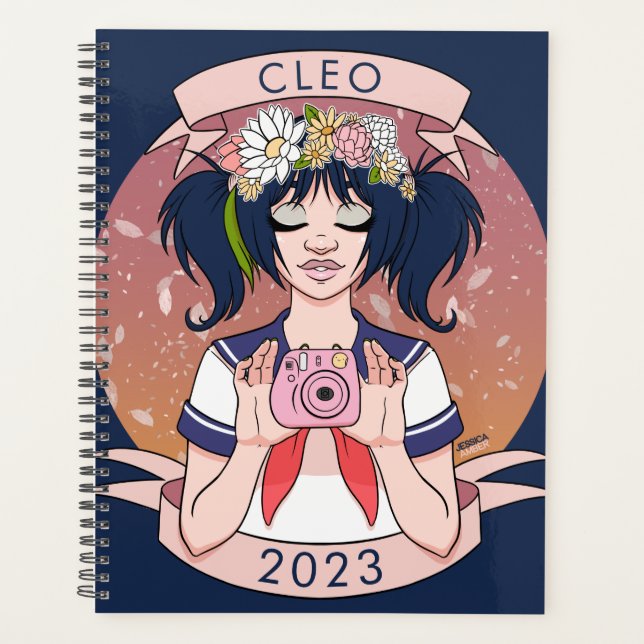Cute Girly Blue Anime Selfie Girl Year Planner (Front)
