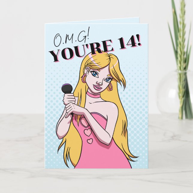Cute Girly Blue Cartoon Pop Music 14th Birthday Card (Front)