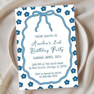 Cute Girly Blue Flowers and Bow Birthday Party Invitation