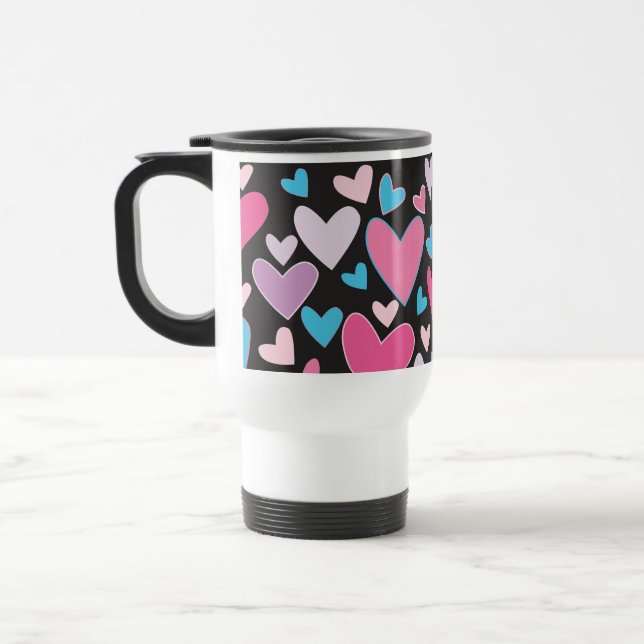 Cute Girly Blue Pink and Purple Hearts Pattern Travel Mug (Left)