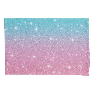 Cute Girly Blue Pink Faux Glitter Sparkles Pillowcase