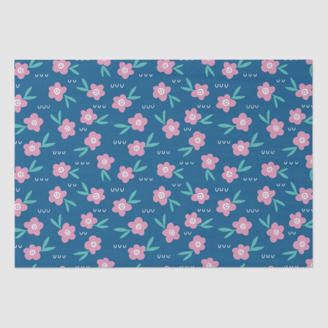 Cute Girly Blue & Pink Floral Tissue Paper (Front)