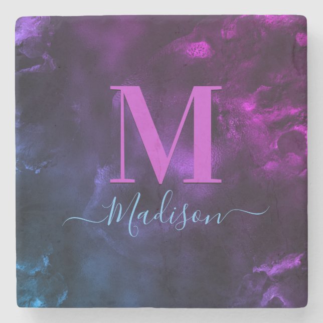 Cute girly blue purple marble art monogram  stone coaster (Front)