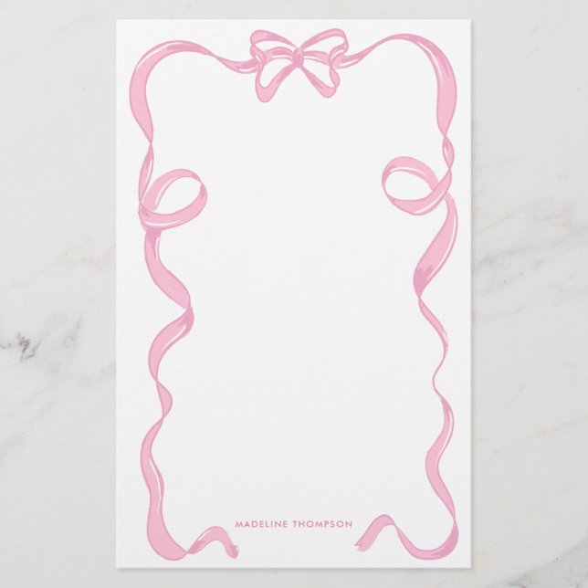 Cute Girly Blush Pink Bow Ribbon Frame Stationery (Front)
