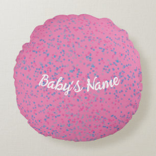 Cute Girly Blush Pink Pastel Blue Dot White Script Round Cushion