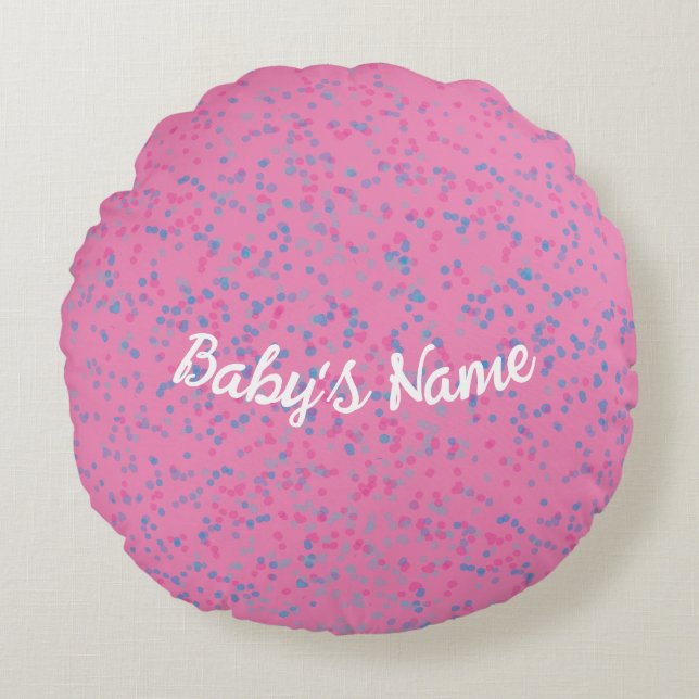 Cute Girly Blush Pink Pastel Blue Dot White Script Round Cushion (Front)