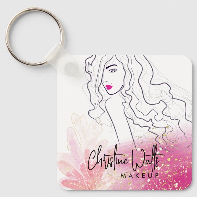 Cute Girly Blush Pink Sparkly Glitter Makeup QR Key Ring (Front)