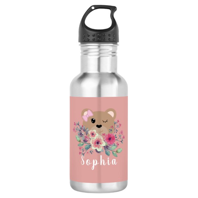 Cute Girly Blush Pink Teddy Bear Floral Kids 532 Ml Water Bottle (Front)
