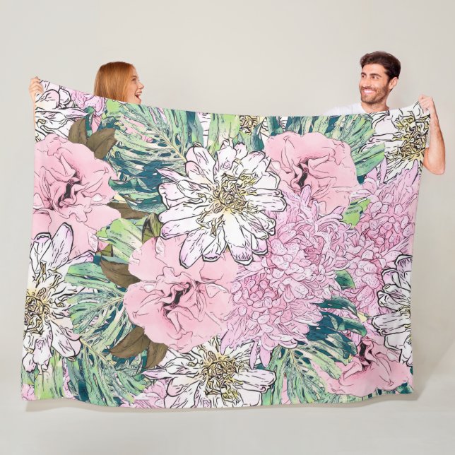 Cute Girly Blush Pink & White Floral Illustration Fleece Blanket (In Situ)
