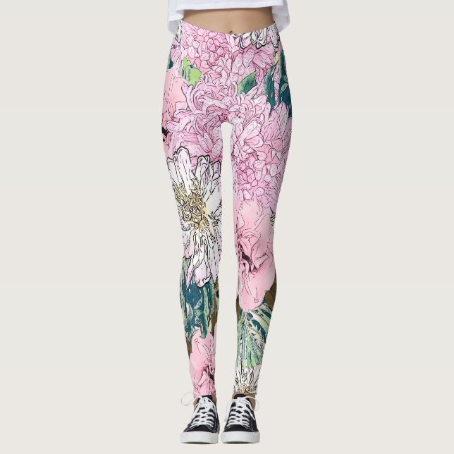 Cute Girly Blush Pink & White Floral Illustration Leggings (Front)