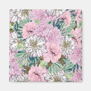 Cute Girly Blush Pink & White Floral Illustration Magnet